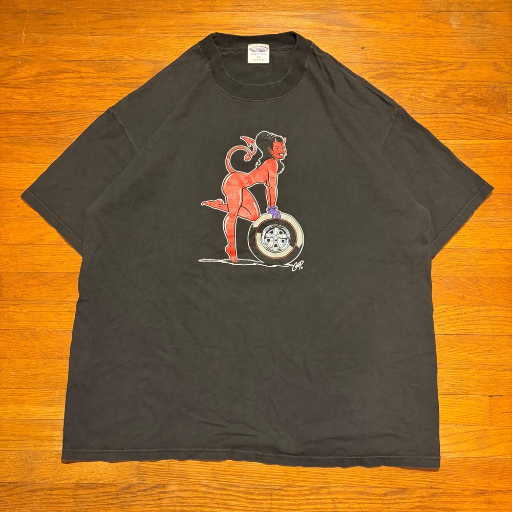 Vintage 90s Poster Pop Coop Devil Girl Hot Rod Black T-Shirt XL Flawless
